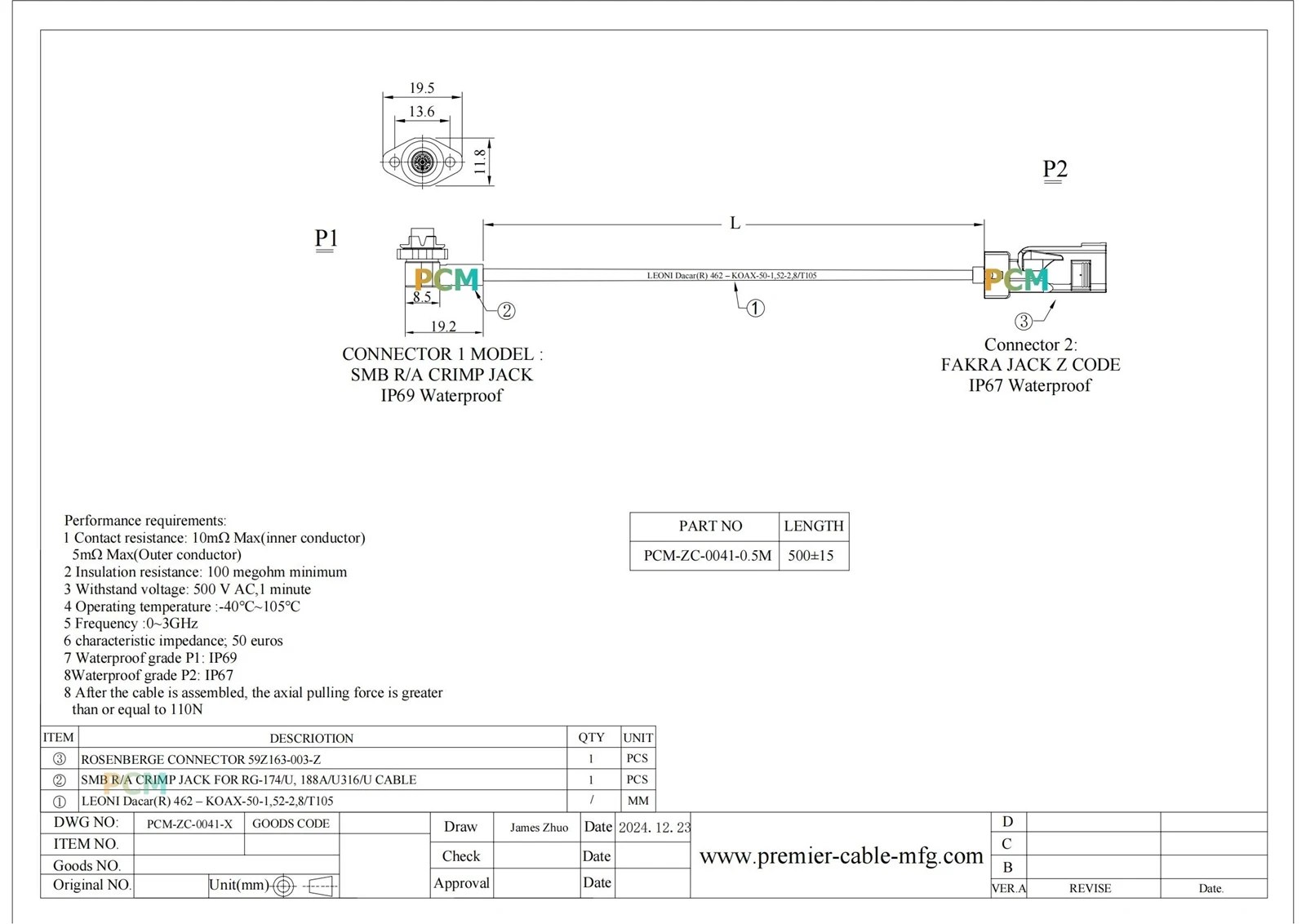 ZCL016-041-X FAKRA Z TO SMBL500MM Model 1100